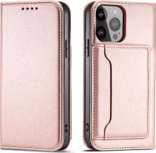 Hurtel Magnet Card Case etui iPhone 14 Pro pokrowiec z klapką portfel podstawka różowe