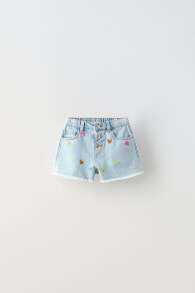 Denim bermuda shorts with embroidered hearts