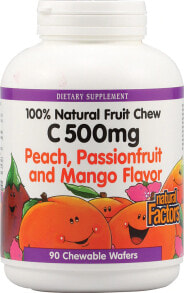 Витамин С natural Factors 100% Natural Fruit Chew C Peach Passionfruit and Mango Натуральный витамин С со вкусом персика,маракуйя и манго 500 мг 90 жевательных таблеток