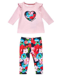 GUESS baby Girls Stretch Jersey Top and Interlock All Over Print Leggings, 2 Piece Set