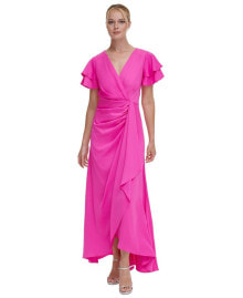 DKNY women's Double Flutter-Sleeve Cascading Gown