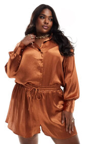 Купить женские рубашки In The Style Plus: In The Style Plus long sleeve satin shirt co-ord in rust