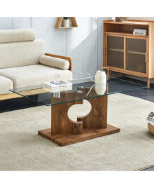 Simplie Fun modern Coffee Table with Glass Top and Wooden Legs. Ideal for Living Room. 47.2