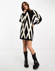 Object knitted jumper dress with high neck in mono print купить в интернет-магазине