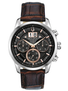 Мужские наручные часы с ремешком Мужские наручные часы с коричневым кожаным ремешком Bulova 96B311 Sutton Classic Chronograph 44mm 3ATM