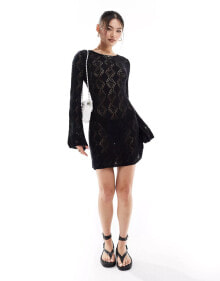 In The Style exclusive crochet bell sleeve mini beach dress in black купить в аутлете