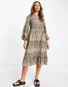 Купить женские платья Urban Threads: Urban Threads tiered midi smock dress in leopard print