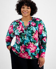 Plus Size Printed Long-Sleeve Top, Created for Macy's купить онлайн