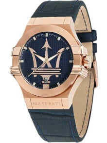 Мужские наручные часы с синим кожаным ремешком Maserati R8851108027 Power mens watch 42mm 10ATM