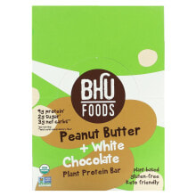 BHU Foods, Веганский протеиновый батончик, арахисовая паста и шоколадная крошка, 12 батончиков по 45 г (1,6 унции)