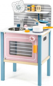 Детская деревянная мини кухня Viga Toys. В наборе: плита с 2 конфорками, духовка, металлическая раковина, часы с движущимися стрелками, кухонные принадлежности: ложка, горшок, сковорода, емкости для специй.