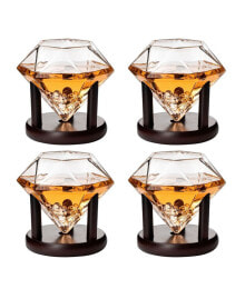 The Wine Savant diamond Glasses Wood Stands, Set of 4 10 oz