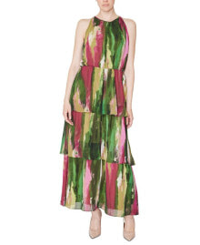 Donna Ricco women's Printed Sleeveless Tiered Maxi Dress