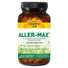 Витамины и БАДы от аллергии Country Life Aller-Max Безглютеновый комплекс с кверцетином, бромелайном и витамином С, не вызывает сонливости 50 вегетарианских капсул