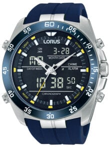 Мужские наручные часы с синим силиконовым ремешком Lorus RW617AX9 Analog-Digital Alarm Chronograph 100M 46mm