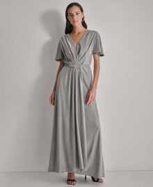 DKNY women's Metallic Pleated Belted Flutter-Sleeve Gown