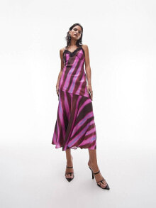 Topshop – Maxi-Trägerkleid in Pink mit Animal-Print, Spitzenborte und Schwalbenschwanz