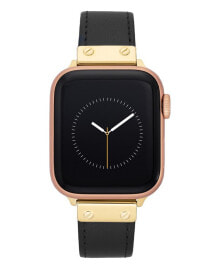 Women's Black Genuine Leather Strap with Gold-Tone Stainless Steel Accents for Apple Watch, Compatible with 38mm, 40mm, 41mm