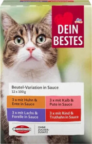 Купить влажные корма для кошек Dein Bestes: Nassfutter Katze mit Huhn, Lachs, Kalb, Rind in Sauce, Multipack (12x100 g), 1200 g