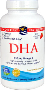 Рыбий жир и Омега 3, 6, 9 Nordic Naturals DHA Strawberry Омега-3 из рыбьего жира для поддержки мозга и нервной системы 830 мг 180 гелевых капсул