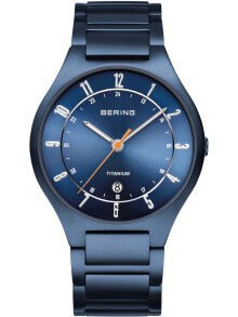 Мужские наручные часы с браслетом Мужские наручные часы с синим браслетом Bering 11739-797 Titanium mens 39mm 5ATM