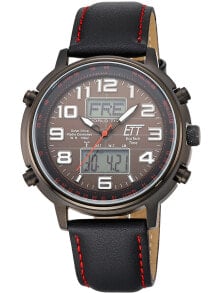 Мужские наручные часы с черным кожаным ремешком  ETT EGS-11452-22L Solar Drive radio contr. Hunter II 48mm 10ATM