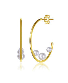 Купить серьги Rachel Glauber: 14K Gold Plated Pearl Open Hoop Earrings