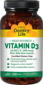 Витамин Д Country Life Vitamin D3 Витамин D3 без глютена 10000 МЕ 200 гелевых капсул