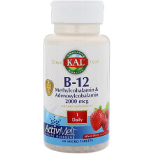 Витамины группы В KAL B-12 Methylcobalamin & Adenosylcobalamin Mixed Berry -- B-12 Метилкобаламин и Аденозилкобаламин с ягодным вкусом- 2000 мкг - 60 Микро таблеток