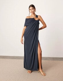 ASOS EDITION asymmetric neck maxi dress with spiral trim in dark blue купить онлайн