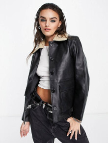 Женские кожаные куртки object leather jacket with borg collar in black