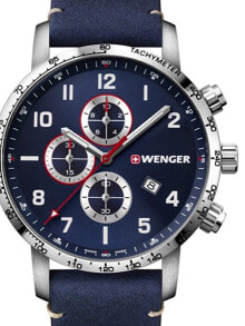 Мужские наручные часы с ремешком Мужские наручные часы с синим кожаным ремешком Wenger 01.1543.109 Attitude Chonograph 44mm 10 ATM