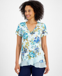 Petite Floral Printed Ruffled-Hem Top, Created for Macy's купить онлайн