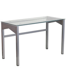 EMMA+OLIVER contemporary Clear Tempered Glass Desk With Geometric Sides And Silver Frame