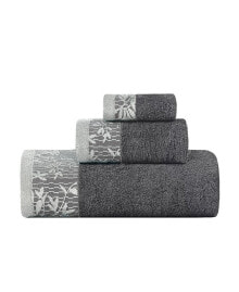 Superior wisteria Cotton Floral Embroidered Jacquard Border Towel, 3 Piece Set