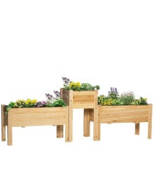 Raised Garden Bed, Set of 3 Wood Box & Trough Planters, Draining