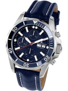 Мужские наручные часы с ремешком Мужские наручные часы с синим кожаным ремешком  Jacques Lemans 1-1926C Liverpool automatic chrono 44mm 10ATM