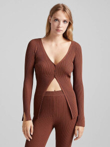Женские кардиганы bershka knitted rib detail button cardigan co-ord in brown 