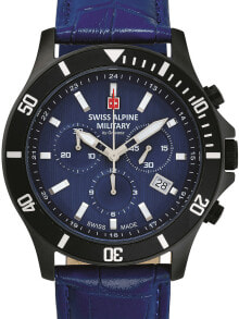 Аналоговые мужские наручные часы с синим кожаным ремешком Swiss Alpine Military 7022.9575 chronograph 42mm 10ATM