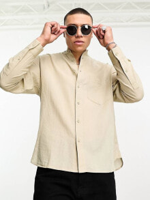 Bershka long sleeve grandad neck shirt in beige купить в интернет-магазине