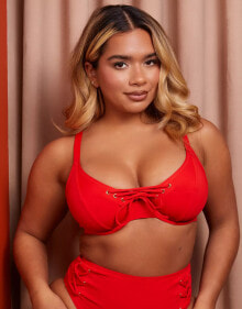 Купить женское нижнее белье и купальники Wolf & Whistle: Wolf & Whistle X Natalie Gessey Fuller Bust underwire bikini top in red with tie detail