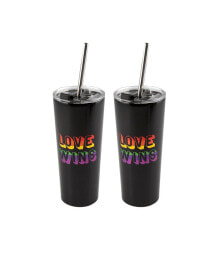 Double Wall 2 Pack of 24 oz Black Straw Tumblers with Metallic 