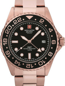 Аналоговые мужские наручные часы с золотым браслетом Swiss Alpine Military 7052.1167 GMT diver 42mm 10ATM