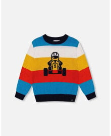 Toddler Boys Multicolor Striped Sweater With Karting Jacquard - Toddler