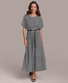 Donna Karan women's Printed Belted A-Line Dress