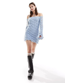 Daisy Street off shoulder knitted mini dress in baby blue купить онлайн