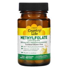 Витамины группы В Кантри Лайф, метилфолат, со вкусом апельсина, 800 мкг, 60 жевательных таблеток