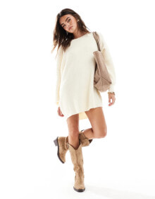 Miss Selfridge slash neck oversized knit mini dress in cream купить в аутлете