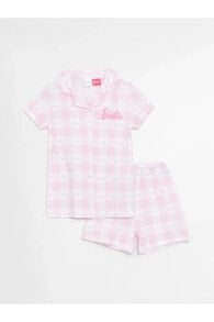 LCW Kids Gömlek Yaka Barbie Baskılı Kız Çocuk Şortlu Pijama Takımı