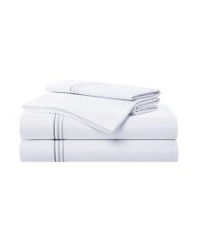 Sateen King Sheet Set, 1 Flat Sheet, 1 Fitted Sheet, 2 Pillowcases, 600 Thread Count, Sateen Cotton, Pristine White with Fine Baratta Embroidered 3-Striped Hem